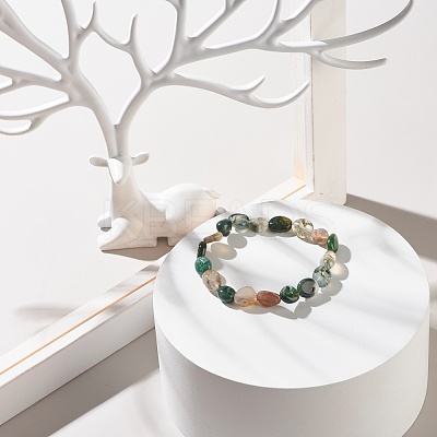 Natural Moss Agate Nuggets Beads Stretch Bracelet BJEW-JB07145-02-1