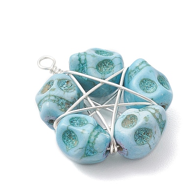 Halloween Dyed Synthetic Turquoise Skull Beaded Pendants PALLOY-TA00297-05-1