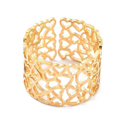 Ion Plating(IP) 304 Stainless Steel Heart Hollow Cuff Ring RJEW-L103-11G-1