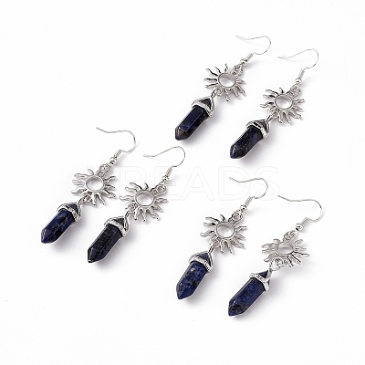 Natural Sodalite Bullet with Sun Dangle Earrings EJEW-I276-01P-04-1