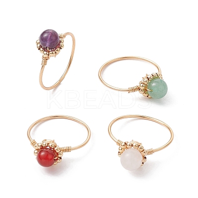 Natural Mixed Gemstone Round Beads Finger Ring RJEW-JR00602-1