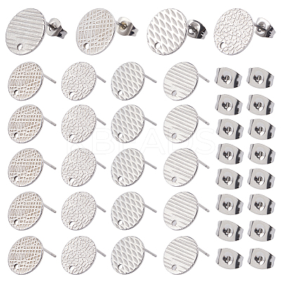 40Pcs 4 Styles Textured Flat Round 304 Stainless Steel Stud Earring Findings STAS-SP0001-54-1
