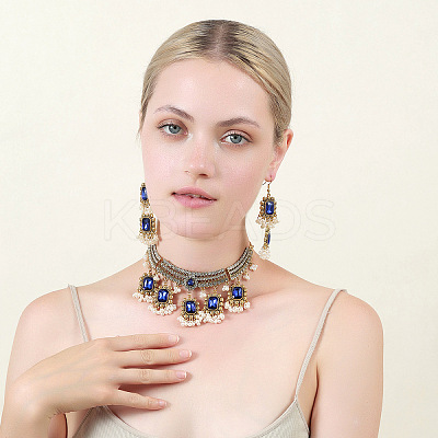 Rectangle Alloy Glass Choker Necklace & Earrings Sets for Women FS-WG507E8-02-1