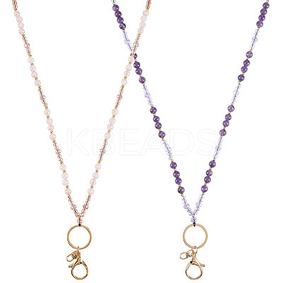 2Pcs Natural Amethyst & Rose Quartz & Glass Beaded Chains for ID Card Holder Lanyard Neck Strap HJEW-SC00149-1