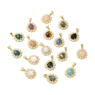Ion Plating(IP) Natural Mixed Gemstone Teardrop with Plastic Pearl Beaded Pendant G-E599-01G-1