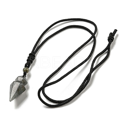 Natural Labradorite Conical Pendulum Pendant Necklace with Nylon Cord for Women NJEW-B106-01F-1
