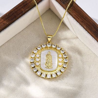 Brass Clear Cubic Zirconia Flat Round with Virgin Mary Pendant Necklaces NJEW-C071-07B-G-1