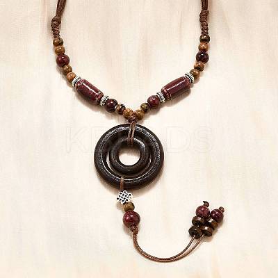 Ethnic Style Alloy & Porcelain Ceramic Beads & Wood Ring Pendant Tassel Y Necklaces NJEW-D308-02-1