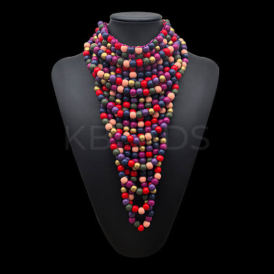Round Wood Beaded  Multi Layered Bib Necklaces for Women FS-WG9E278-01-1