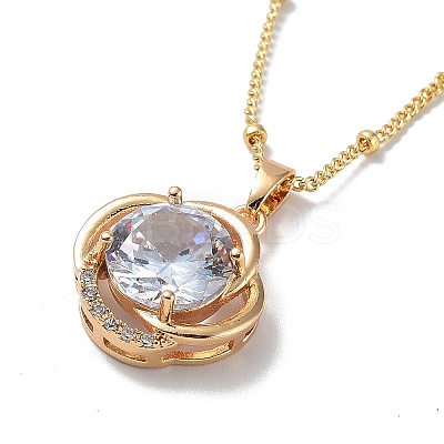 Flower Brass Micro Pave Cubic Zirconia Pendant Necklaces NJEW-A015-07KCG-1