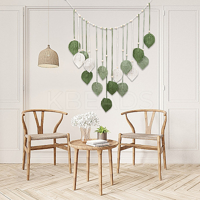 Bohemian Hand-woven Cotton Rope Leaf Tassel with Wood Beads Wall Hanging Ornaments FIND-WH20019-136B-01-1