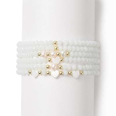 6Pcs 6 Style Natural Shell & Glass Star & Round Beaded Stretch Bracelets Set for Women BJEW-JB09945-01-1