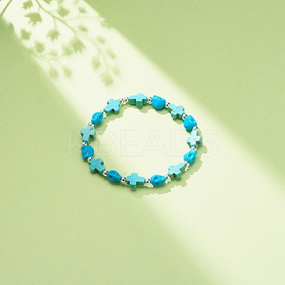 Synthetic Turquoise(Dyed) Cross & Skull Beaded Stretch Bracelet BJEW-JB08451-04-1