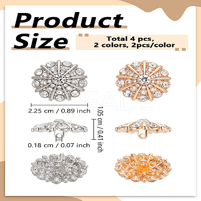 4Pcs 2 Colors 1-Hole Alloy Rhinestone Shank Buttons BUTT-LP0001-68-1