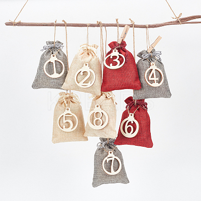 24Pcs 3 Colors Rectangle Christmas Linen Gift Bags with Number 1~24 Pendant Ornaments ABAG-WH0035-039-1