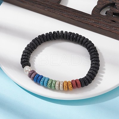 Dyed Colorful Natural Lava Rock Disc & Pearl Beaded Stretch Bracelet BJEW-JB09758-1