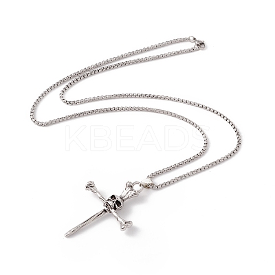 Alloy Cross with Skull Pendant Necklace with 201 Stainless Steel Box Chains NJEW-E016-03AS-1