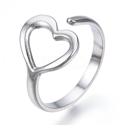 Non-Tarnish 304 Stainless Steel Heart Open Cuff Ring RJEW-N040-24-1