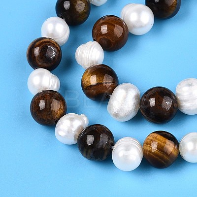 Natural Tiger Eye Round & Natural Cultured Freshwater Pearl Grooved Potato Beads Strands PEAR-N019-10-1