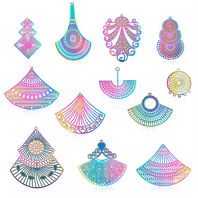48Pcs 12 Style 201 Stainless Steel Filigree Pendants STAS-FW0001-14-1