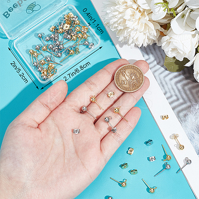 40Pcs 2 Style 202 & 304 Stainless Steel Round Ball Stud Earring Findings STAS-BBC0004-80-1