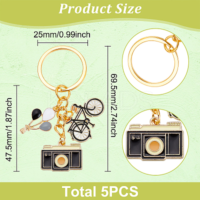5Pcs Hot Air Balloon/Camera/Bicycle Alloy Enamel Pendant Keychain KEYC-NB0001-62-1