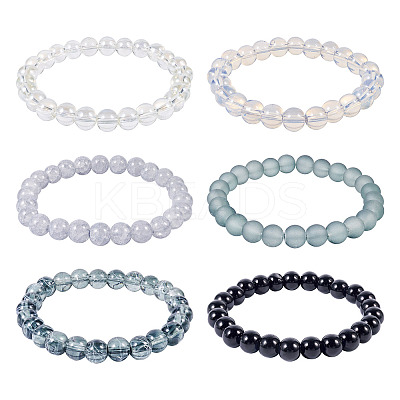 6Pcs 6 Styles 8mm Glass Round Beaded Stretch Bracelet Sets BJEW-TAC0024-1