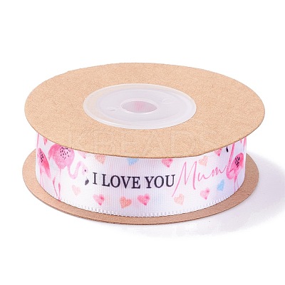 Single Face I Love You & Flamingo Printed Polyester Satin Ribbon OCOR-L044-01A-1