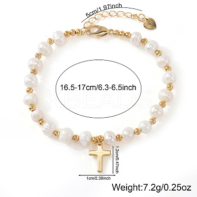 Natural Pearl and Gold Bead Women's Bracelets with Cross Charms QK8220-2-1