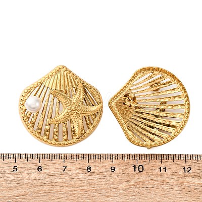 Shell Shape with Starfish 304 Stainless Steel Plastic Imitation Pearl Stud Earrings EJEW-Z109-04G-1