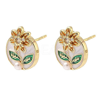 Oval with Flower Brass Micro Pave Cubic Zirconia Stud Earrings EJEW-P336-02G-1