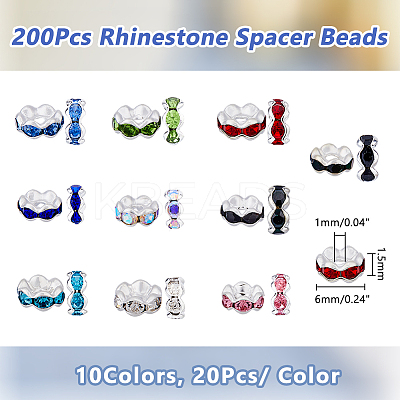 200Pcs 10 Colors Brass Rhinestone Spacer Beads RB-DC0001-09-1
