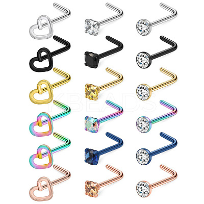 316L Surgical Stainless Steel Pave Cubic Zirconia Heart Square Flat Round L-Shaped Nose Rings FS-WGD0B52-01-1