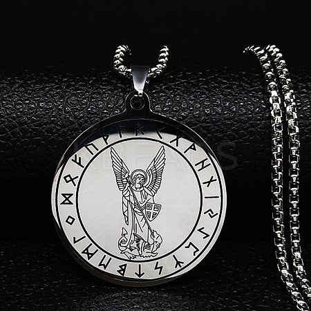 201 Stainless Steel Flat Round with Archangel Saint Michael Pendant Necklaces for Women Men LS-NJEW-F344-02P-1