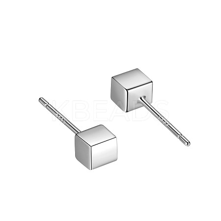 Anti-Tarnish Rhodium Plated Cube 999 Fine Silver Stud Earrings for Women LS-EJEW-S215-09P-1