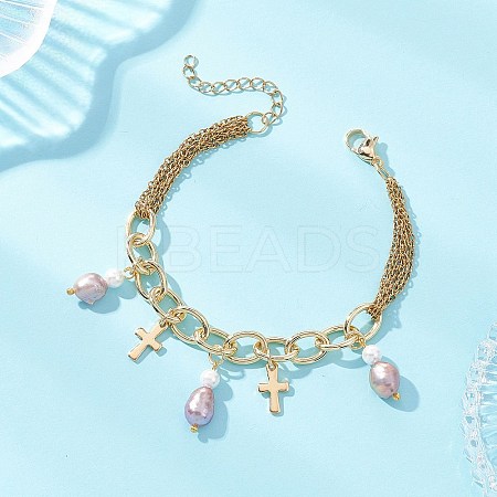 Natural Pearl Rice and 304 Stainless Steel Cross Charm Bracelets for Women BJEW-JB12984-1