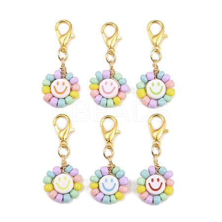 Glass Seed & Acrylic Smiling Face Pendant Decorations HJEW-JM04206-1