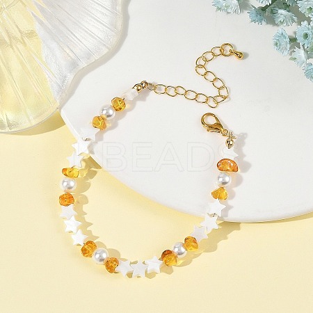 Natural Freshwater Shell Star & Shell Pearl & Natural Amber Chip Beaded Bracelets BJEW-JB14321-1