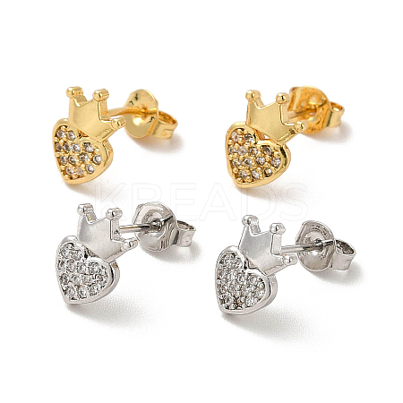 Rack Plating Brass Micro Pave Clear Cubic Zirconia Heart with Crown Ear Studs EJEW-F301-03-1