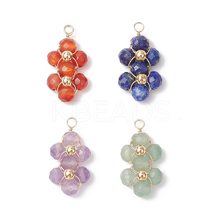 4Pcs 4 Styles Natural Amethyst & Agate & Green Aventurine & Lapis Lazuli Faceted Round Beaded Flower Pendants PALLOY-TA00256-1