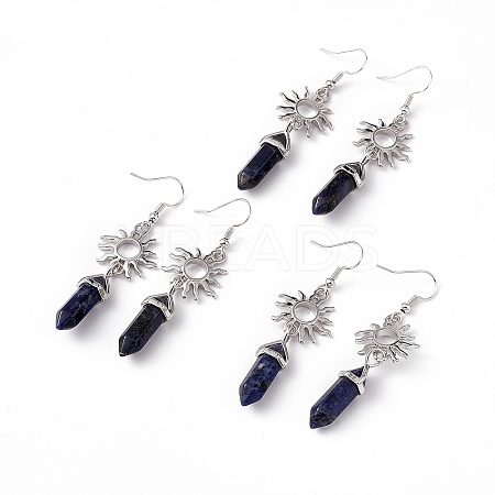 Natural Sodalite Bullet with Sun Dangle Earrings EJEW-I276-01P-04-1