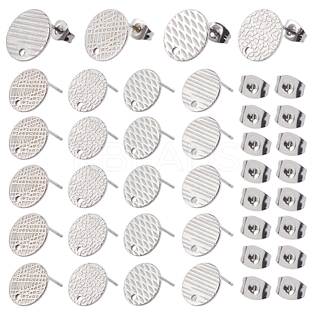 40Pcs 4 Styles Textured Flat Round 304 Stainless Steel Stud Earring Findings STAS-SP0001-54-1