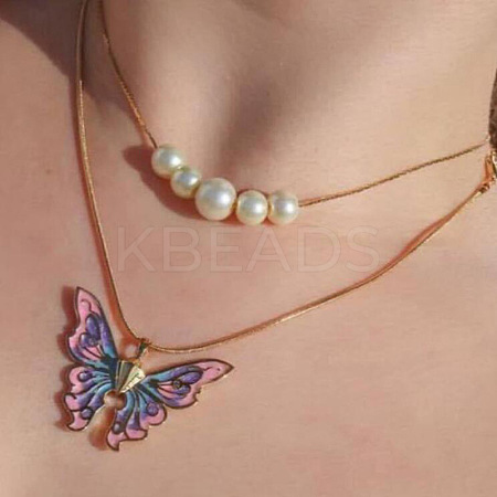 Alloy Enamel & Round Imitation Pearl Double Layered Butterfly Pendant Necklaces for Women WG304A4-01-1