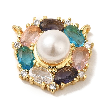 Rack Plating Brass Micro Pave Colorful Cubic Zirconia with Plastic Pearl Beads Pendants KK-P267-19G-1