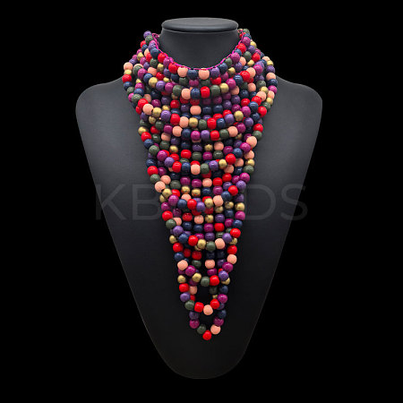 Round Wood Beaded  Multi Layered Bib Necklaces for Women FS-WG9E278-01-1