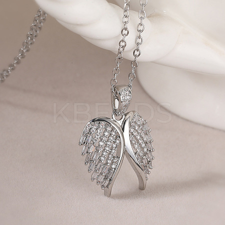 Brass Micro Pave Clear Cubic Zirconia Angel Wings Pendant Necklaces NJEW-Z088-02P-1