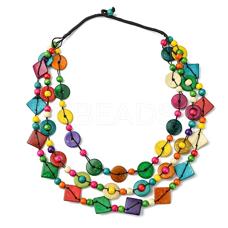 Dyed Natural Coconut Rhombus Beaded 3 Layer Necklaces LS-NJEW-A007-02C-1