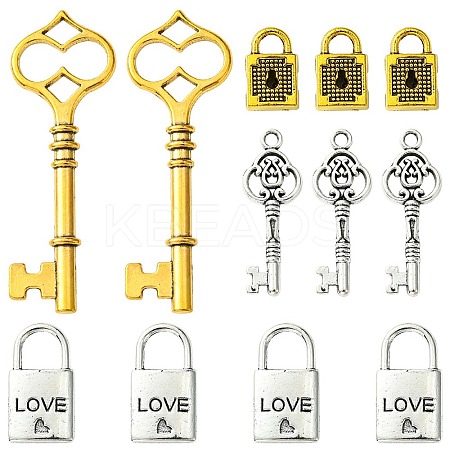8Pcs 4 Styles Tibetan Style Alloy Skeleton Key Lock Pendants FIND-FS0002-11-1