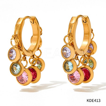304 Stainless Steel Cubic Zirconia Flat Round Tassel Chandelier Earrings FS-WG9F9FA-01-1