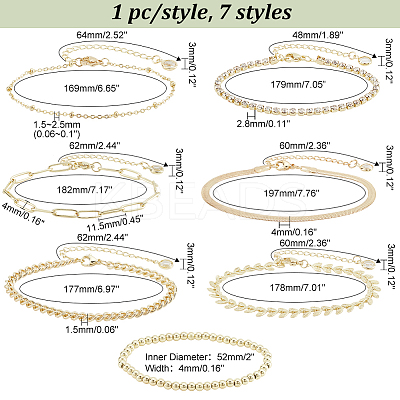 7Pcs 7 Style Brass Flat Snake & Satellite & Leaf Link Chain Anklets Set AJEW-PH0011-03-1
